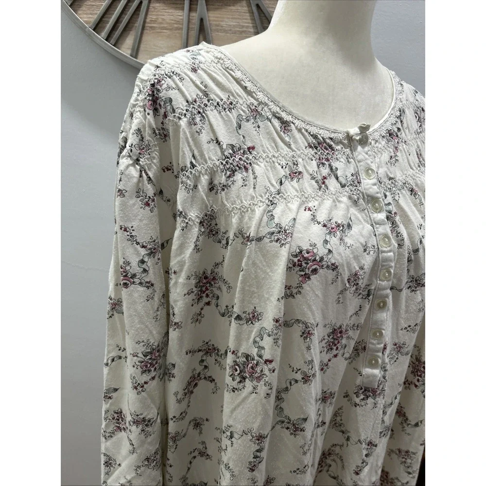 ARIA Night Gown Beige Floral Long Sleeve Soft Cozy Size XL Vintage - Picture 2 of 11